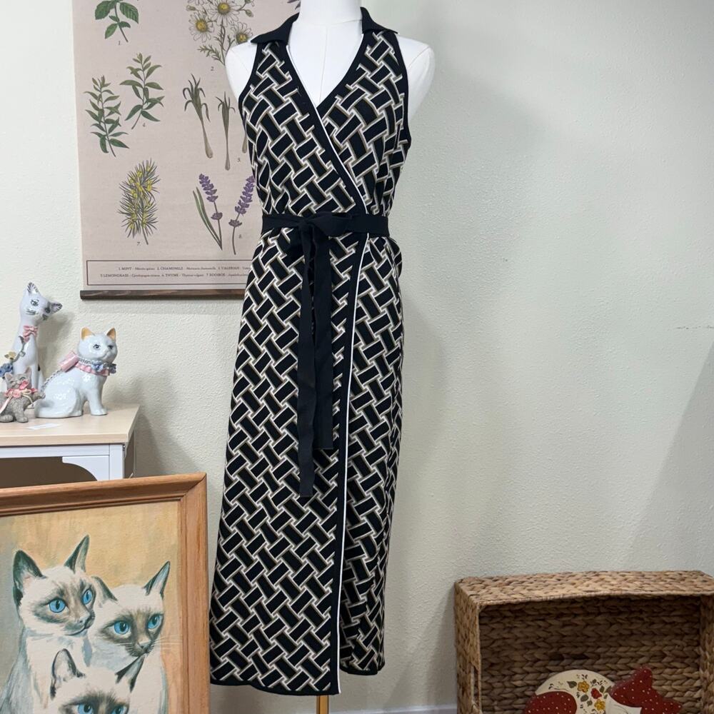 Sleeveless Black & Cream Geometric Wrap Maxi Dress with Waist Tie